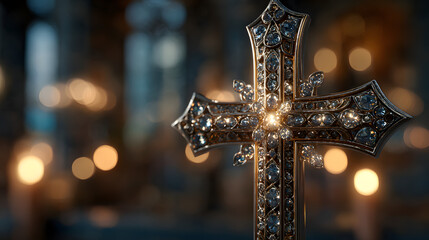 Christian cross with glitter lights and blurred bokeh lights background. Concept of Christianity, religious, faith, Jesus, or belief