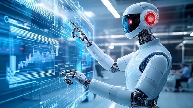Futuristic robot analyzing complex data streams for business innovation process