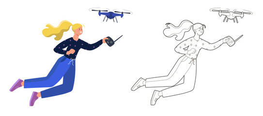 Illustration drawing of a person with a controller in their hand controlling a drone, PNG illustration. © ArtisticLAB