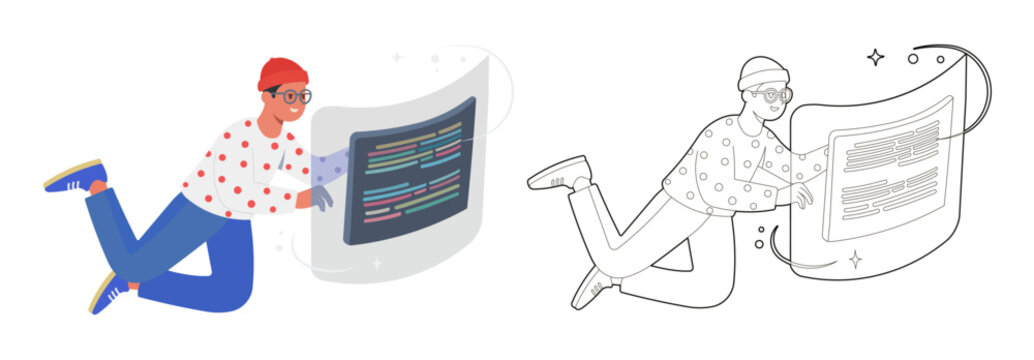 person with digital technology equipment, files in augmented reality, vector illustration png