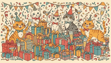 Obraz premium Cute cats celebrating a birthday party with gifts and confetti.