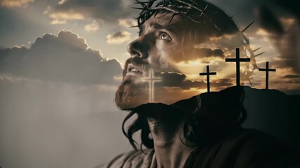 Jesus Christ with a crown of thorns and Golgotha crosses in a dramatic sunset sky at Good Friday, deeply contemplative.