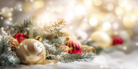 Luxurious golden Christmas ornaments on snowy background