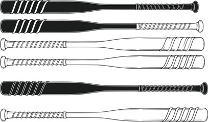 Vector Baseball Bat Silhouette and Outline Set, Black and White Sport Equipment Collection, Softball and Baseball Game Gear