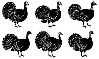 Naklejka premium Six stylized turkey silhouettes in black and white arranged in two rows on a white background