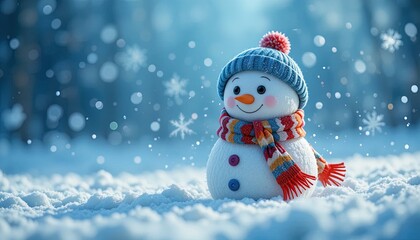 Adorable snowman wearing a blue hat and colorful scarf stands happily in a snowy winter wonderland as snowflakes gently fall, spreading Christmas cheer