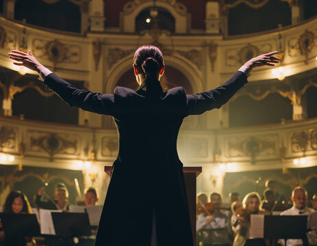 A conductor leads orchestra in ornate theater, back view. Illustrates leadership, artistry, performance, and musical excellence. Perfect for arts, culture,  education.