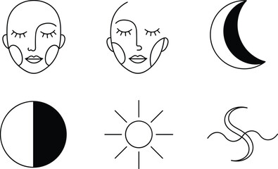 Vector Celestial and Face Icons Set, Sun, Moon, Water, and Outline Human Head Graphics for Astrology, Beauty, and Nature