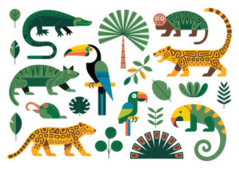 Naklejka premium Rainforest animals including jaguar, macaw, sloth, toucan, capuchin monkey, anaconda, tree frog, and armadillo, perfect for nature, educational, and wildlife-themed projects.