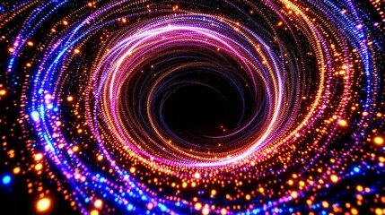 Vibrant abstract light particles swirling in a digital vortex for futuristic technology concept and modern data flow background