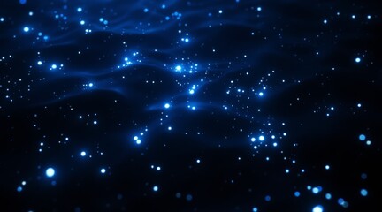 Abstract blue glowing particles flowing over a dark wavy digital surface for big data concept and future technology background design