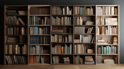 Bookshelves are lined with an assortment of books in a tranquil reading corner. The warm wood tones and organized layout create a peaceful environment for reading and study.