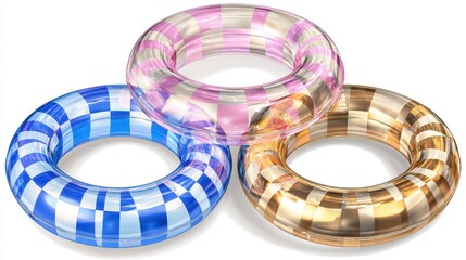 Three inflatable tubes are resting together in striking colors of blue pink and gold. These fun pool accessories are perfect for a cheerful day at the beach or in the water.