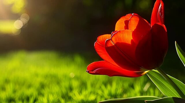 Vibrant red tulip blooms in a gentle breeze, sunlight dancing on petals in spring