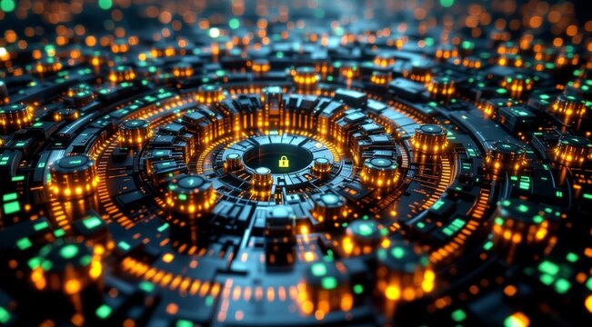 Intricate glowing circuit board with a central padlock icon representing cybersecurity concept and secure data processing technology - Powered by Adobe