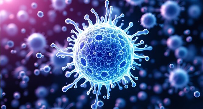 Close up of a glowing blue microscopic virus or bacteria cell structure for global health crisis concept and scientific medical research - Powered by Adobe