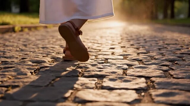 Person walking on cobblestone path in golden hour sunlight