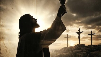 Jesus Christ holding a chalice looking up at three crosses on Golgotha at sunset. Mystical Christian Good Friday and Easter background.