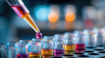 Colorful laboratory experiment using pipette to drop liquid into test tubes, showcasing vibrant reactions and scientific exploration with bokeh background
