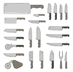 Naklejka premium Kitchen knife set illustration with chef tools, cutlery, butcher knives, cooking utensils for culinary design and food artwork