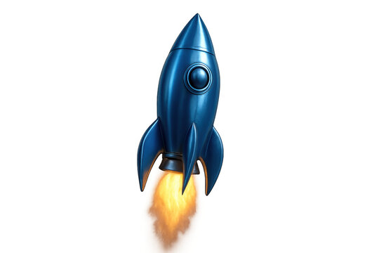 Blue propelling rocket launching into sky, symbolizing startup, innovation, success, growth, business progress, and space exploration