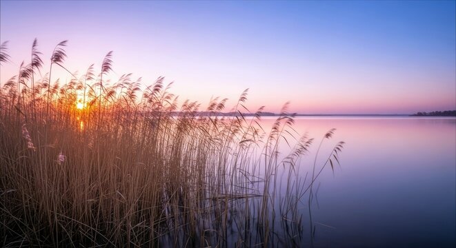 A beautiful sunset over a calm lake, with reeds in the foreground silhouetted against the colorful sky. The water reflects the colors of the sunset.