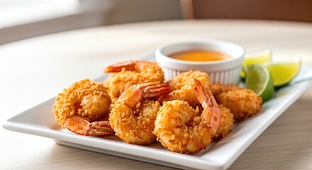 Crispy golden fried shrimp served on a white plate with a small bowl of dipping sauce and fresh lime wedges, showcasing a delicious seafood dish concept