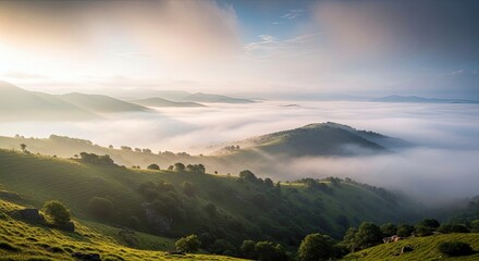 Scenic landscape of rolling green hills with fog or mist, trees, and mountains in the background, illuminated by the sun.