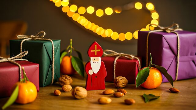 Saint nicholas with gifts nuts and oranges holiday theme
