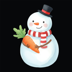 Cute snowman watercolor vector illustration holding carrot isolated on black background
