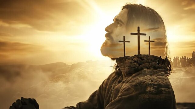 Jesus Christs prayer with Golgotha crucifixion and crowd silhouette, a mystical Christian concept for Good Friday and Easter.