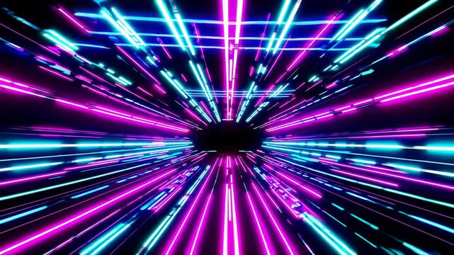 Experience a futuristic trip through a vibrant neon tunnel illuminated by shades of blue and magenta. Witness digital information flowing at high speed in this hyperspace journey