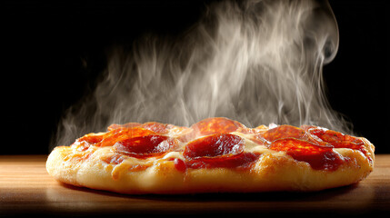 hunger. A close-up of a freshly baked pepperoni pizza with melted cheese and steam rising. representing modern convenience, menu design, designed for culinary blogs and recipe cards for restaurants.