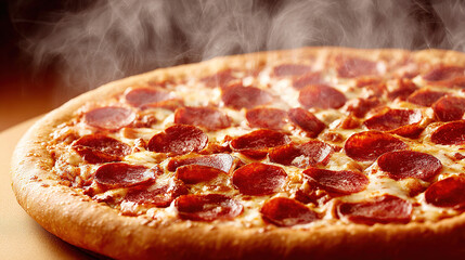 hunger. A close-up of a freshly baked pepperoni pizza with melted cheese and steam rising. representing modern convenience, menu design, designed for culinary blogs and recipe cards for restaurants.