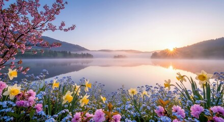 A beautiful landscape featuring a lake, flowers, and mountains at sunrise. The scene is bathed in soft, warm light.