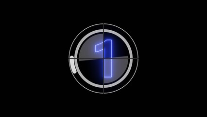 Glowing neon number 1 countdown illustration. Movie film strip with countdown number on grunge background.