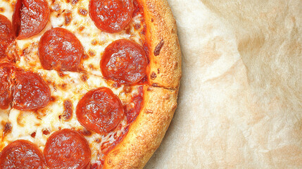 hunger. Flat lay of a freshly made pepperoni pizza with melted cheese, presented on a clean background. representing modern convenience.
