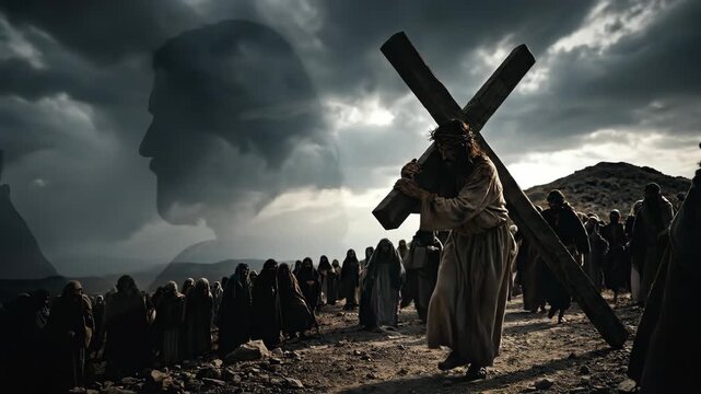 Overlapping image of man Jesus walking with wooden cross on Golgotha path while holding cup and facing crowd. Good Friday Christian theme.
