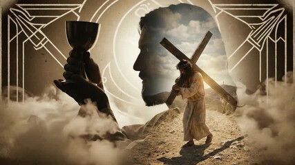 Jesus Christ profile and silhouette of man carrying cross for religious concept. Mystical Christian video of Good Friday, Easter background.