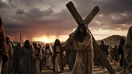 Jesus Christ walking to Golgotha carrying a cross with a crowd of men and a mystical chalice overlay. Christian Passion for Easter.
