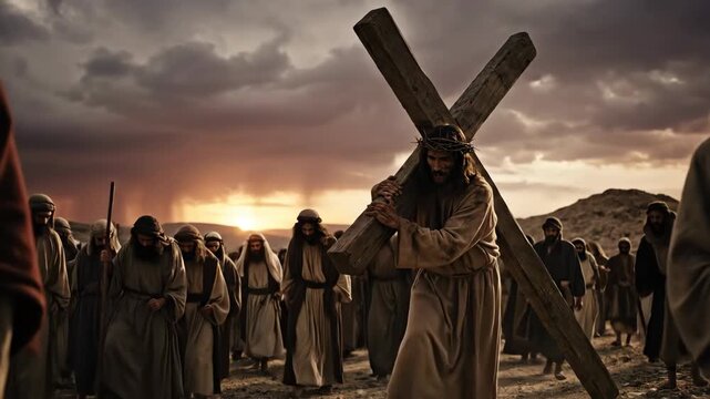 Jesus Christ walking to Golgotha carrying a cross with a crowd of men and a mystical chalice overlay. Christian Passion for Easter.