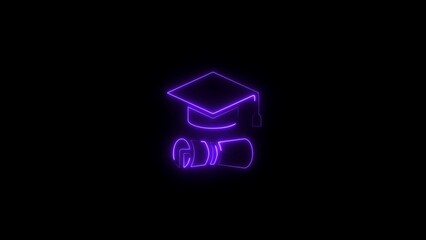 Purple Neon Graduation Cap and Diploma Icon education on Black Background image