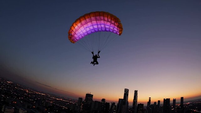 Skilled skydiver soaring over a contemporary cityscape at dusk, with the sun setting in the background. Brave sports enthusiast gliding high above the city skyline during twilight hours