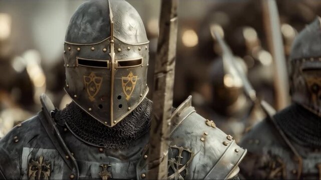 A medieval knight's helmet with a coat of arms on an armour background provides a historical backdrop for games or educational projects.
