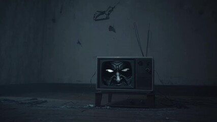 Frightening demonic face appearing on the screen of an old television set. Creepy, abandoned room creating a spooky and scary atmosphere