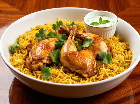 A bowl of chicken biryani served with fresh cilantro and a side of mint yogurt, presented in a warm, appetizing food shot.