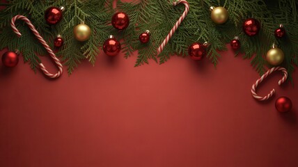 Festive christmas garland with ornaments and candy canes on red background