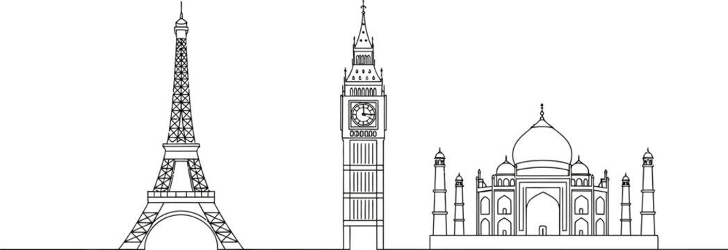 Minimalist Line Art Illustration Featuring the Eiffel Tower Big Ben and the Taj Mahal