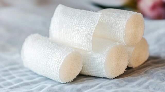 Video A stack of clean white towels sits on the edge of a bed, ready for use