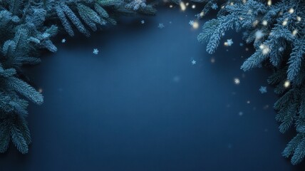 Dark blue christmas background with fir branches and twinkling lights